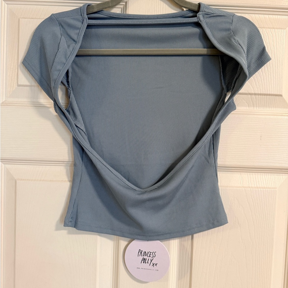 Blue Ribbed Open Back Women's Top - Picture 4 of 5